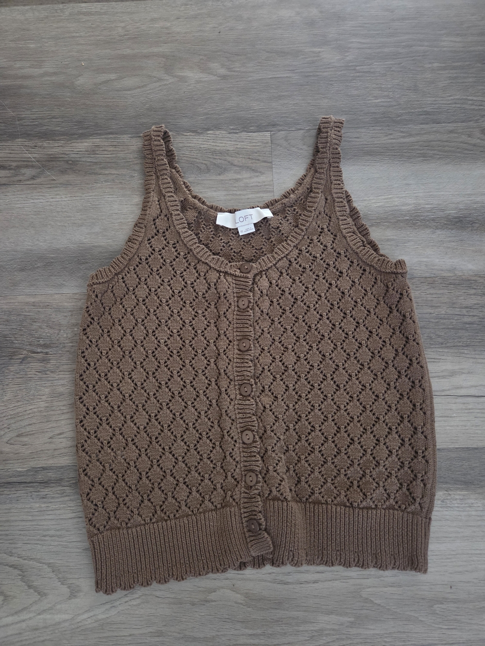 Loft Crochet Button Sweater Tank Top Brown Scallop Knit Cotton Size XS